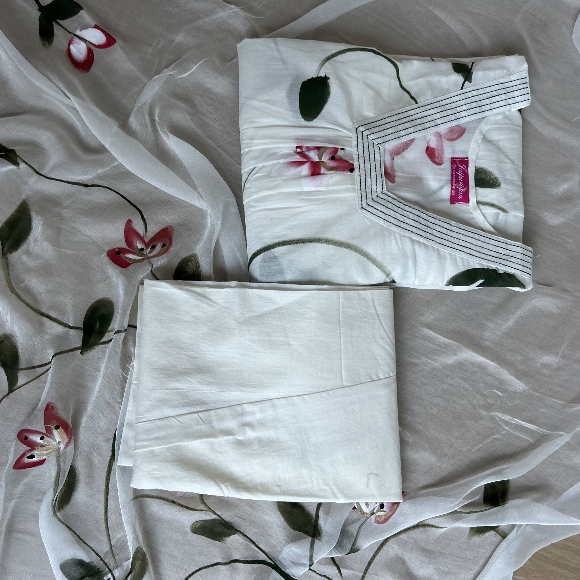 White-Cherry Hand-Painted Cotton Suit Set