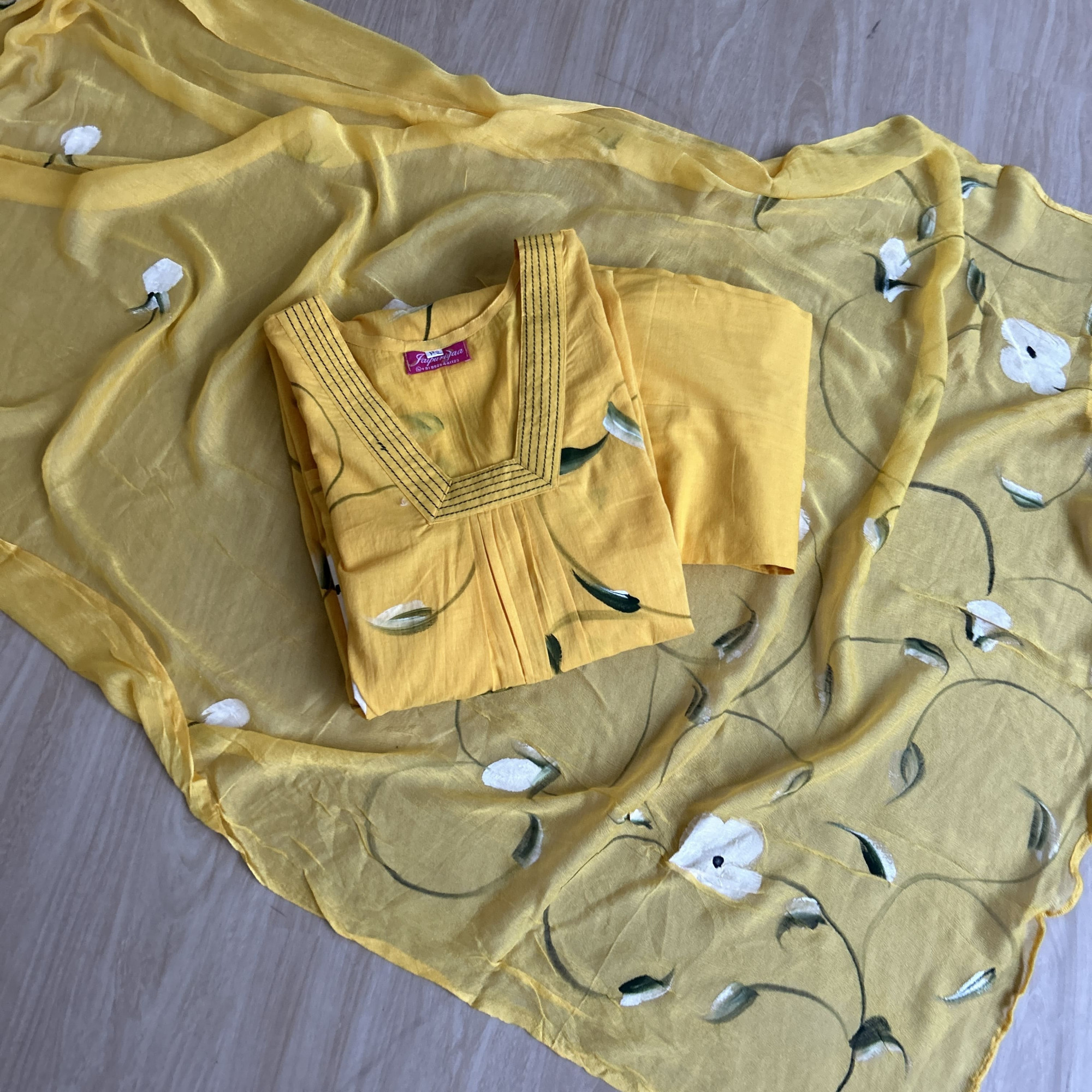 Bright Yellow Hand-Painted Cotton Suit Set