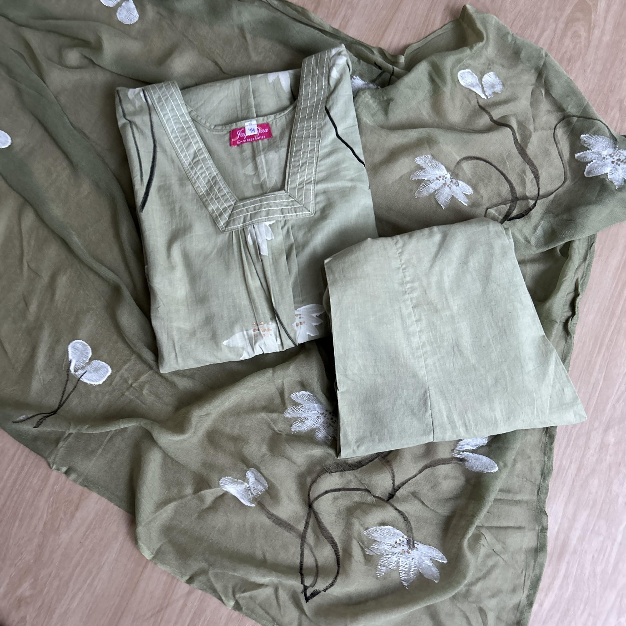 Subtle Green Hand-Painted Cotton Suit Set