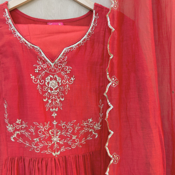 Light Red MulChanderi Hand Embroidered Kurta Set