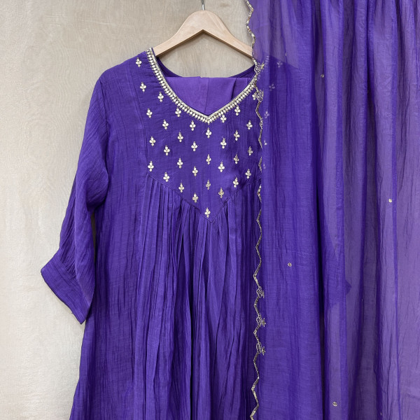 Blueish-Purple Mul Chanderi Kurta Set