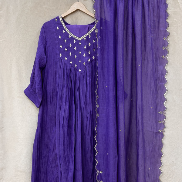 Blueish-Purple Mul Chanderi Kurta Set
