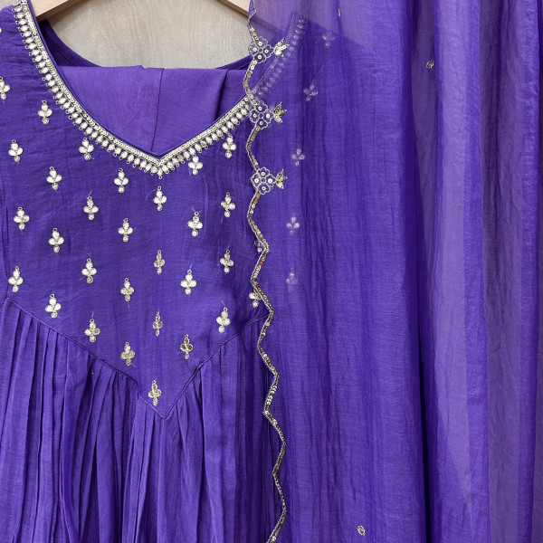 Blueish-Purple Mul Chanderi Kurta Set