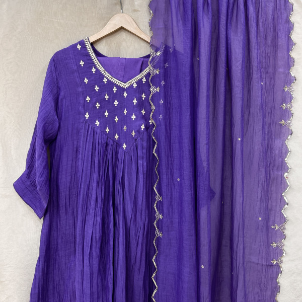 Blueish-Purple Mul Chanderi Kurta Set