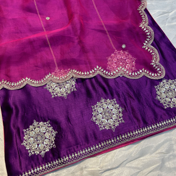 Dark Purple Kora Silk Marodi Embroidery Suit Set