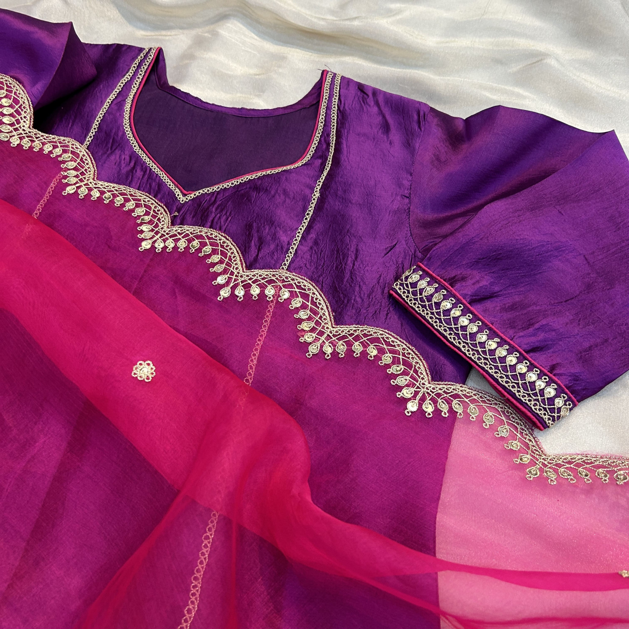 Dark Purple Kora Silk Marodi Embroidery Suit Set