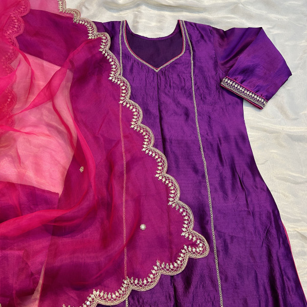 Dark Purple Kora Silk Marodi Embroidery Suit Set