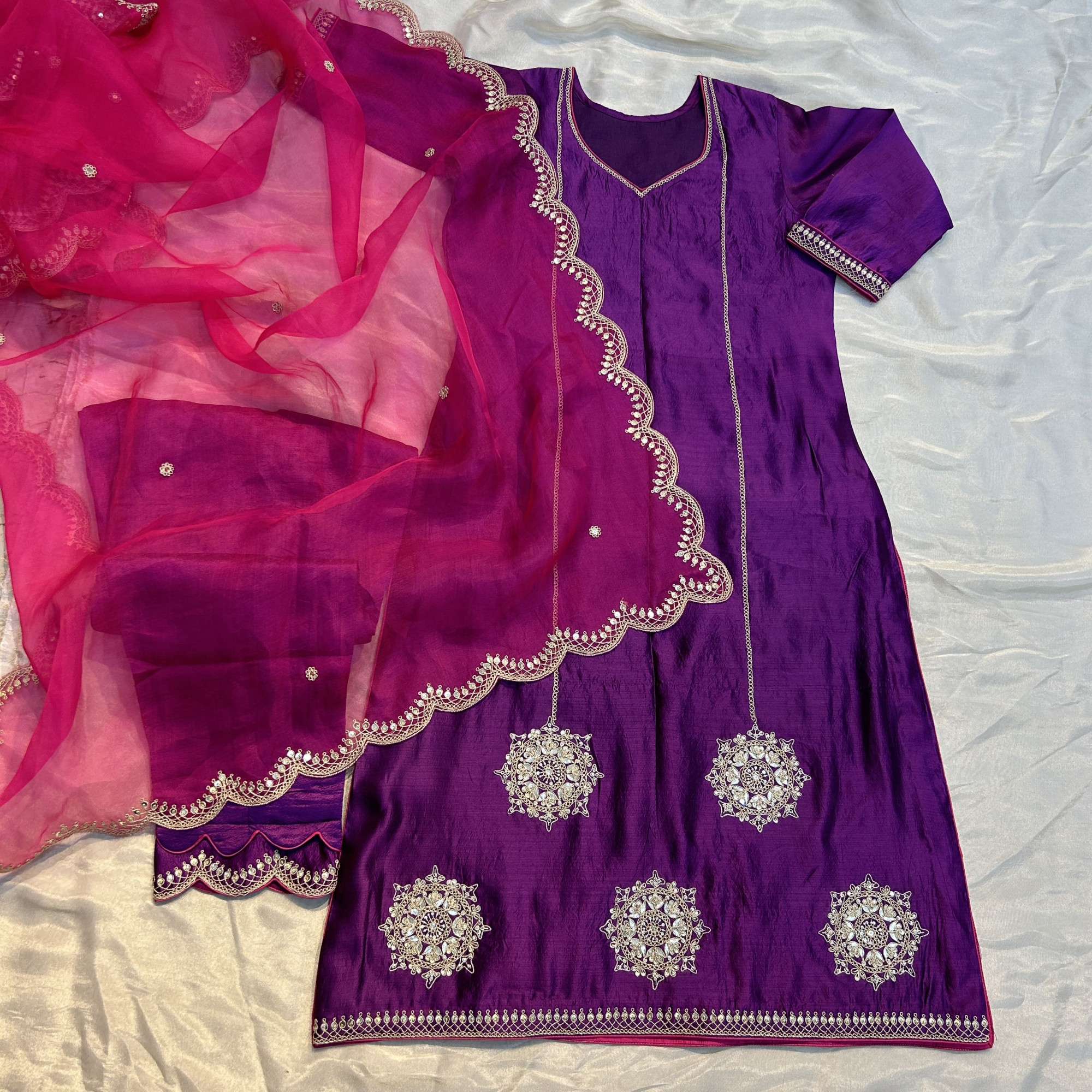 Dark Purple Kora Silk Marodi Embroidery Suit Set