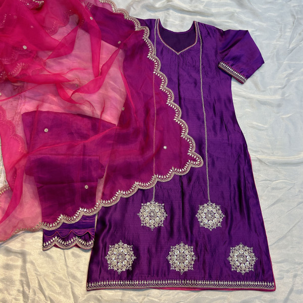 Dark Purple Kora Silk Marodi Embroidery Suit Set