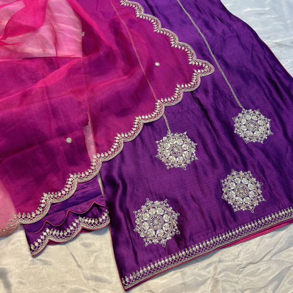 Dark Purple Kora Silk Marodi Embroidery Suit Set