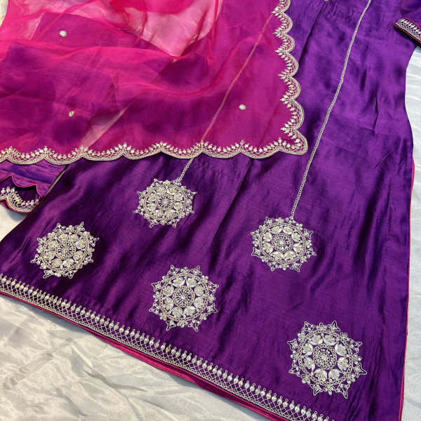 Dark Purple Kora Silk Marodi Embroidery Suit Set