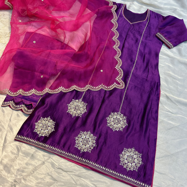 Dark Purple Kora Silk Marodi Embroidery Suit Set