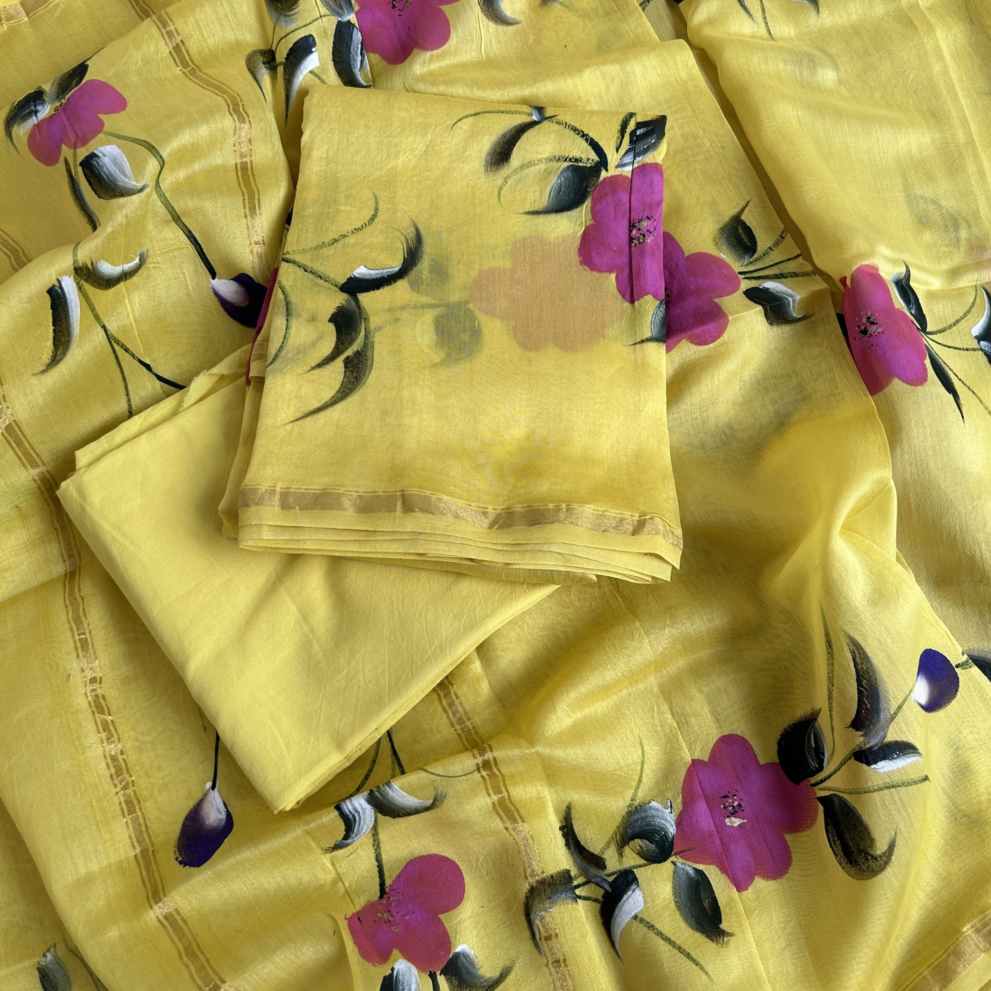 Pastel Yellow Hand-Painted Chanderi Unstitched Suit Set