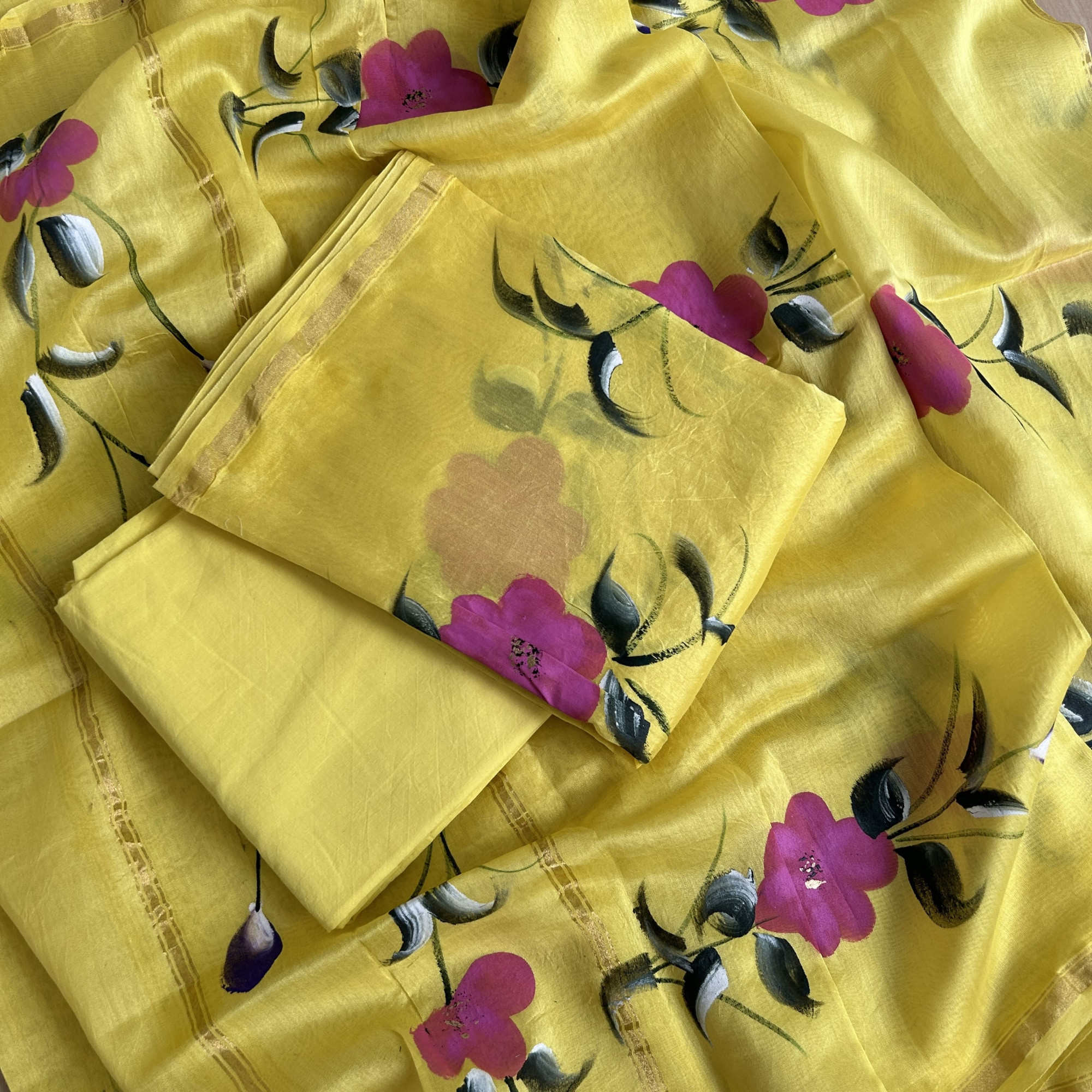 Pastel Yellow Hand-Painted Chanderi Unstitched Suit Set