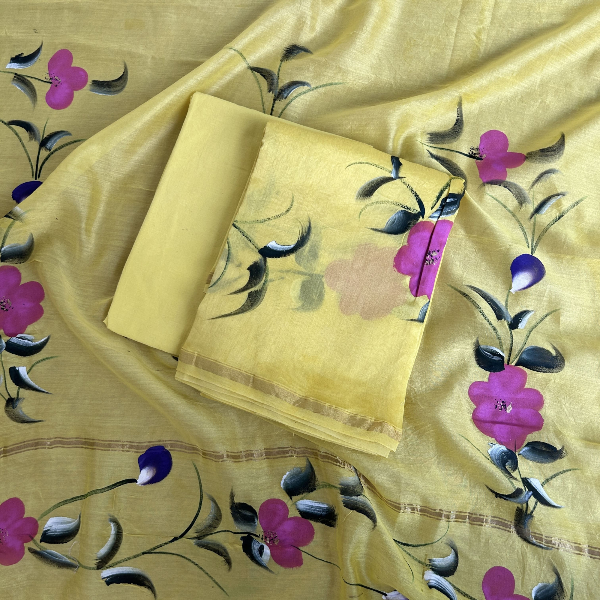 Pastel Yellow Hand-Painted Chanderi Unstitched Suit Set