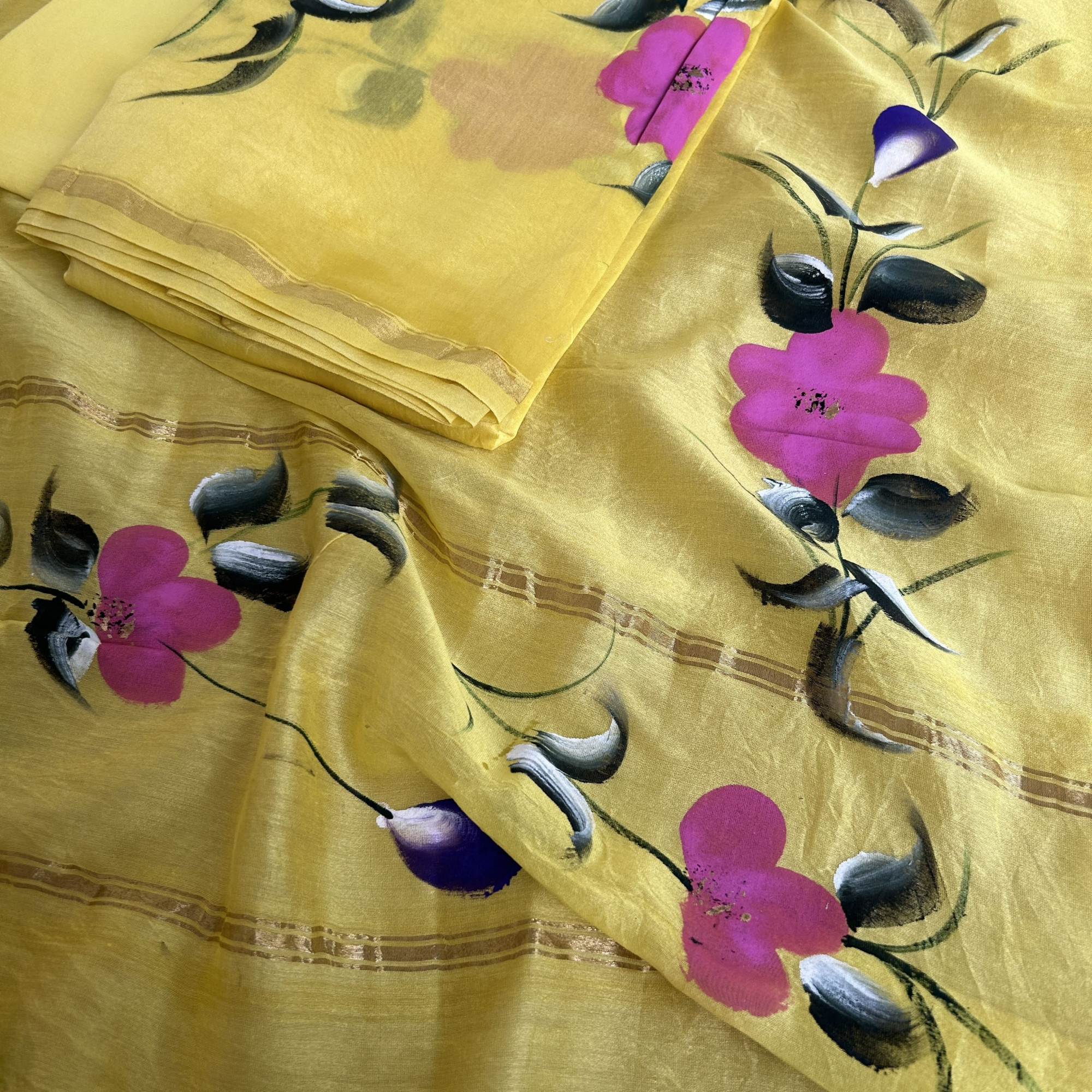 Pastel Yellow Hand-Painted Chanderi Unstitched Suit Set