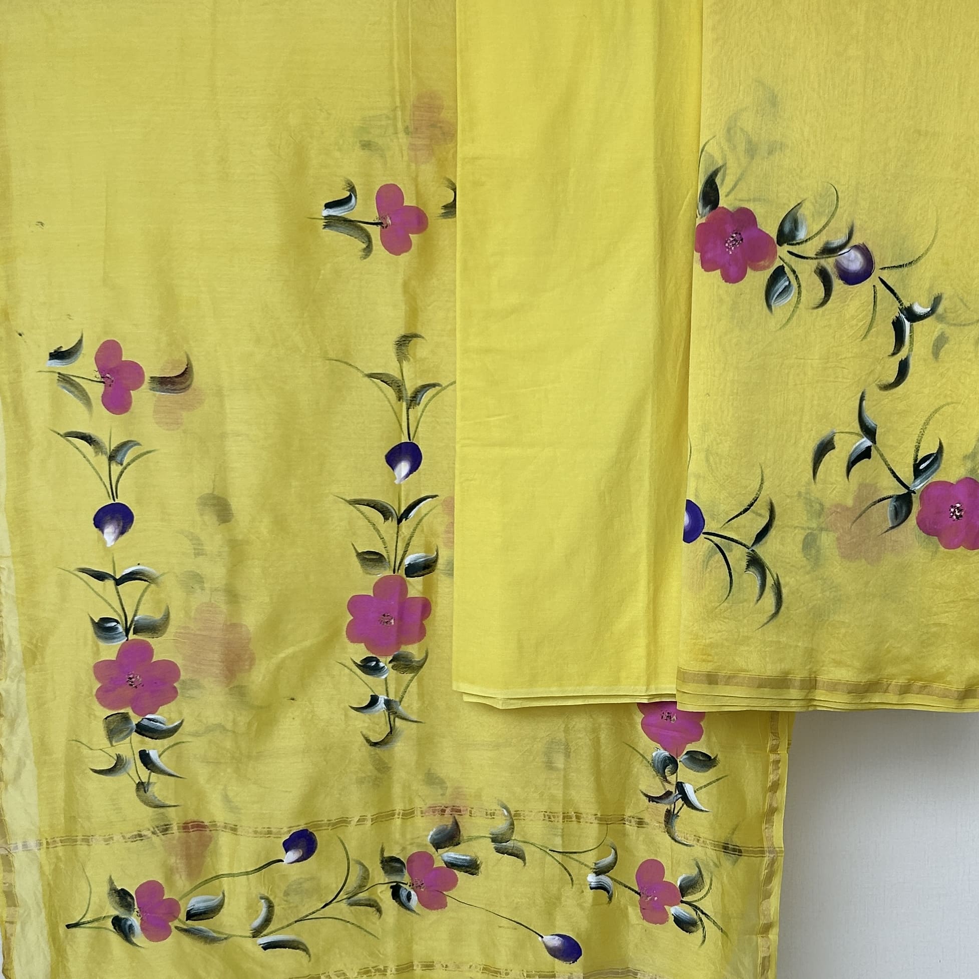 Pastel Yellow Hand-Painted Chanderi Unstitched Suit Set