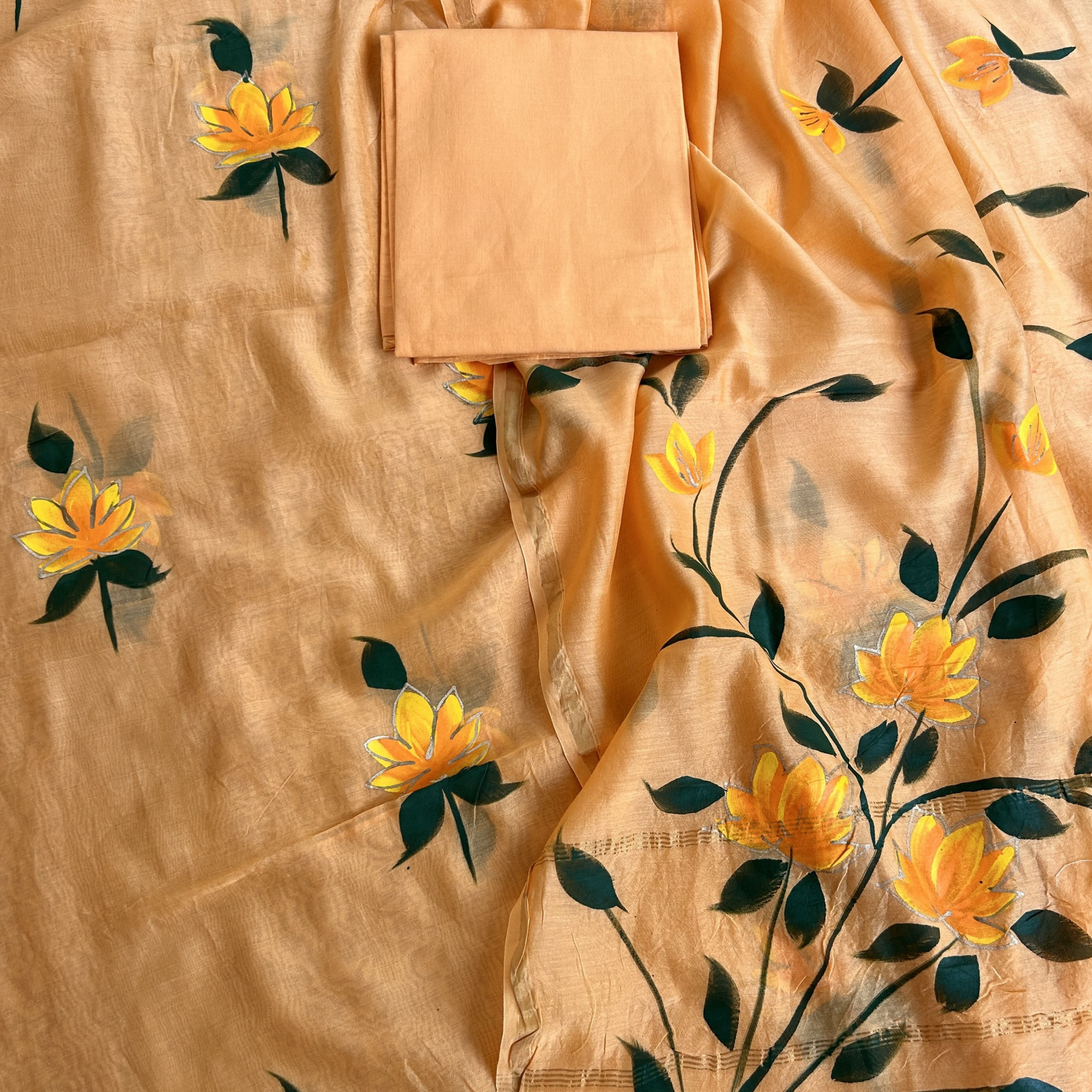 Pastel Peach Hand-Painted Chanderi Unstitched Suit Set