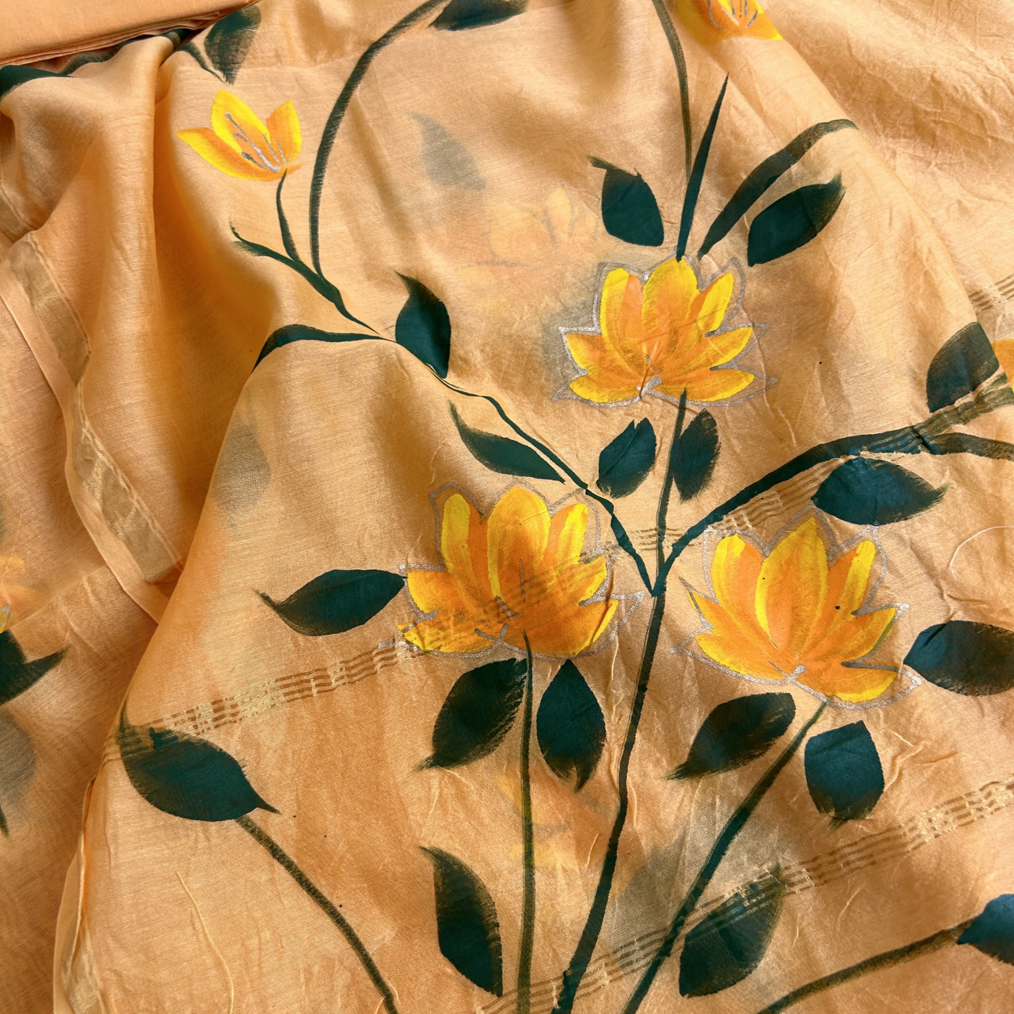 Pastel Peach Hand-Painted Chanderi Unstitched Suit Set