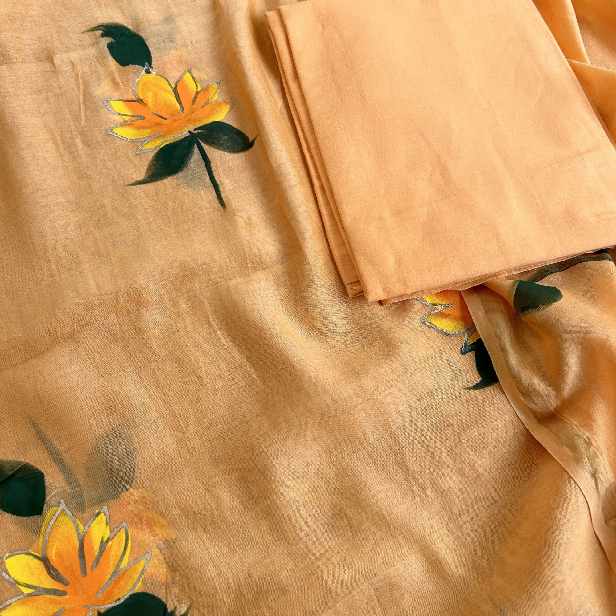 Pastel Peach Hand-Painted Chanderi Unstitched Suit Set