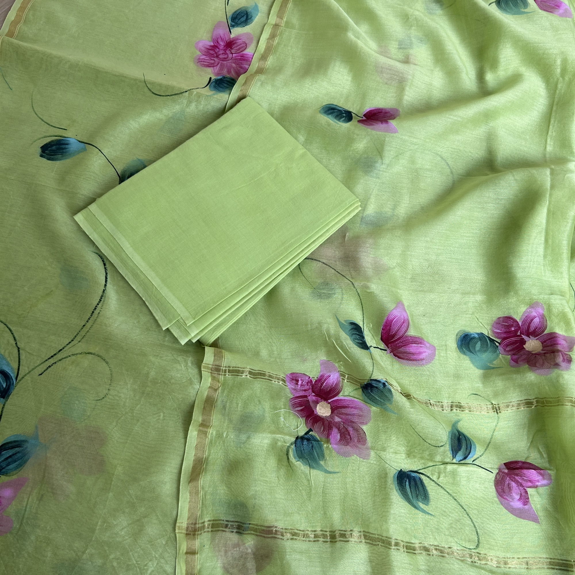 Pastel Green Hand-Painted Chanderi Unstitched Suit Set