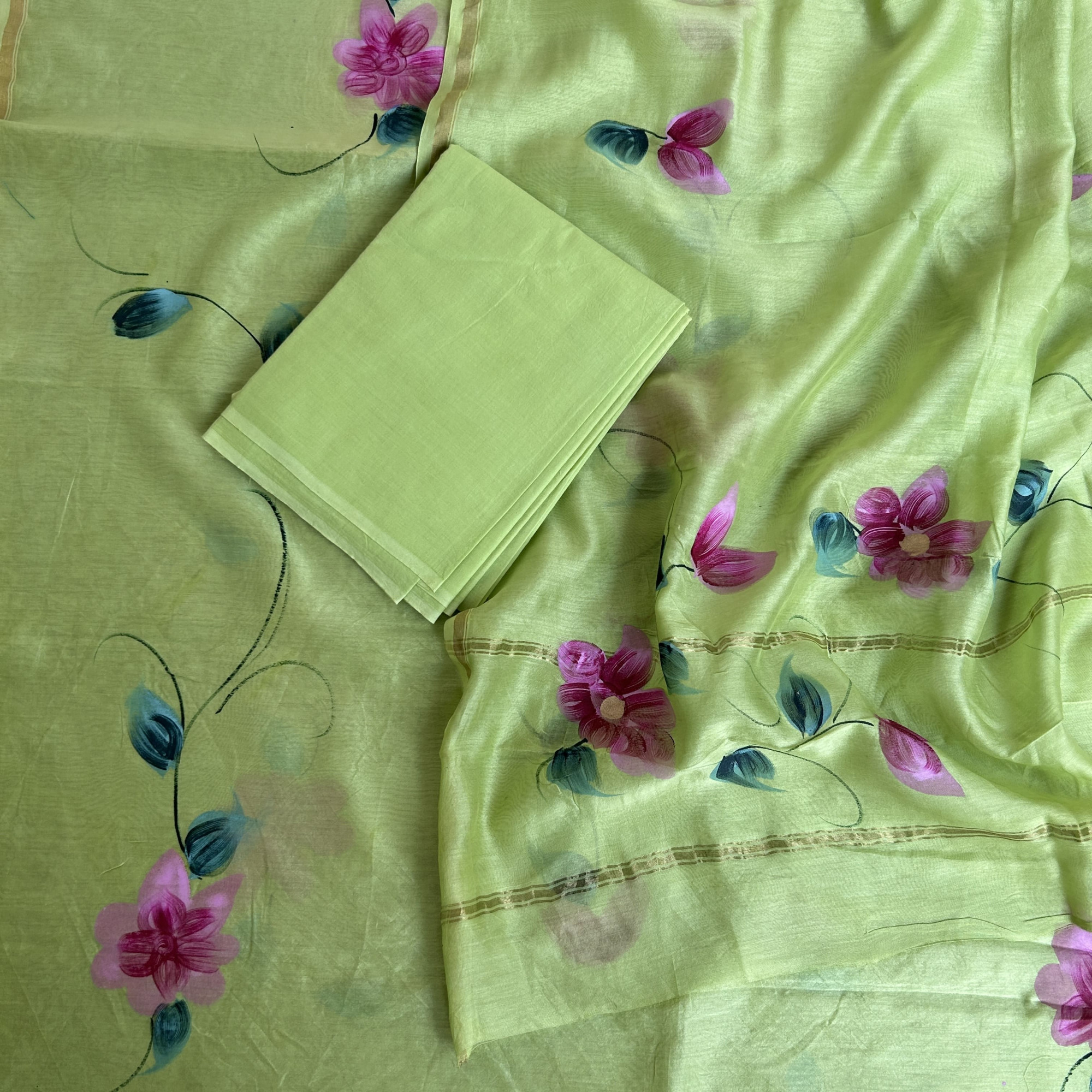 Pastel Green Hand-Painted Chanderi Unstitched Suit Set