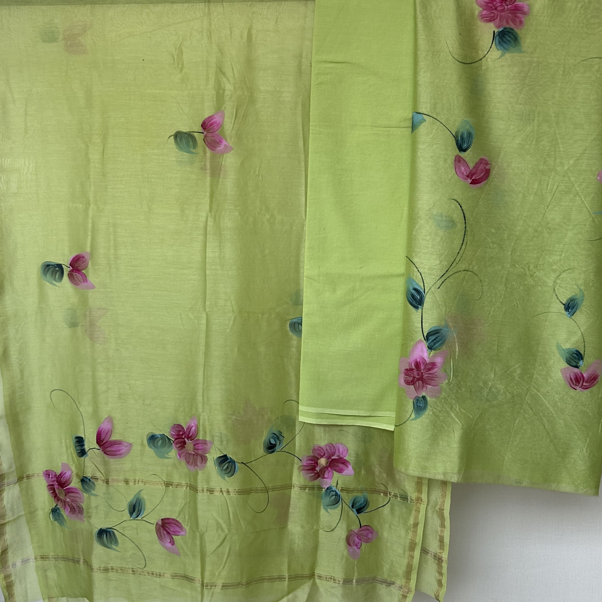 Pastel Green Hand-Painted Chanderi Unstitched Suit Set
