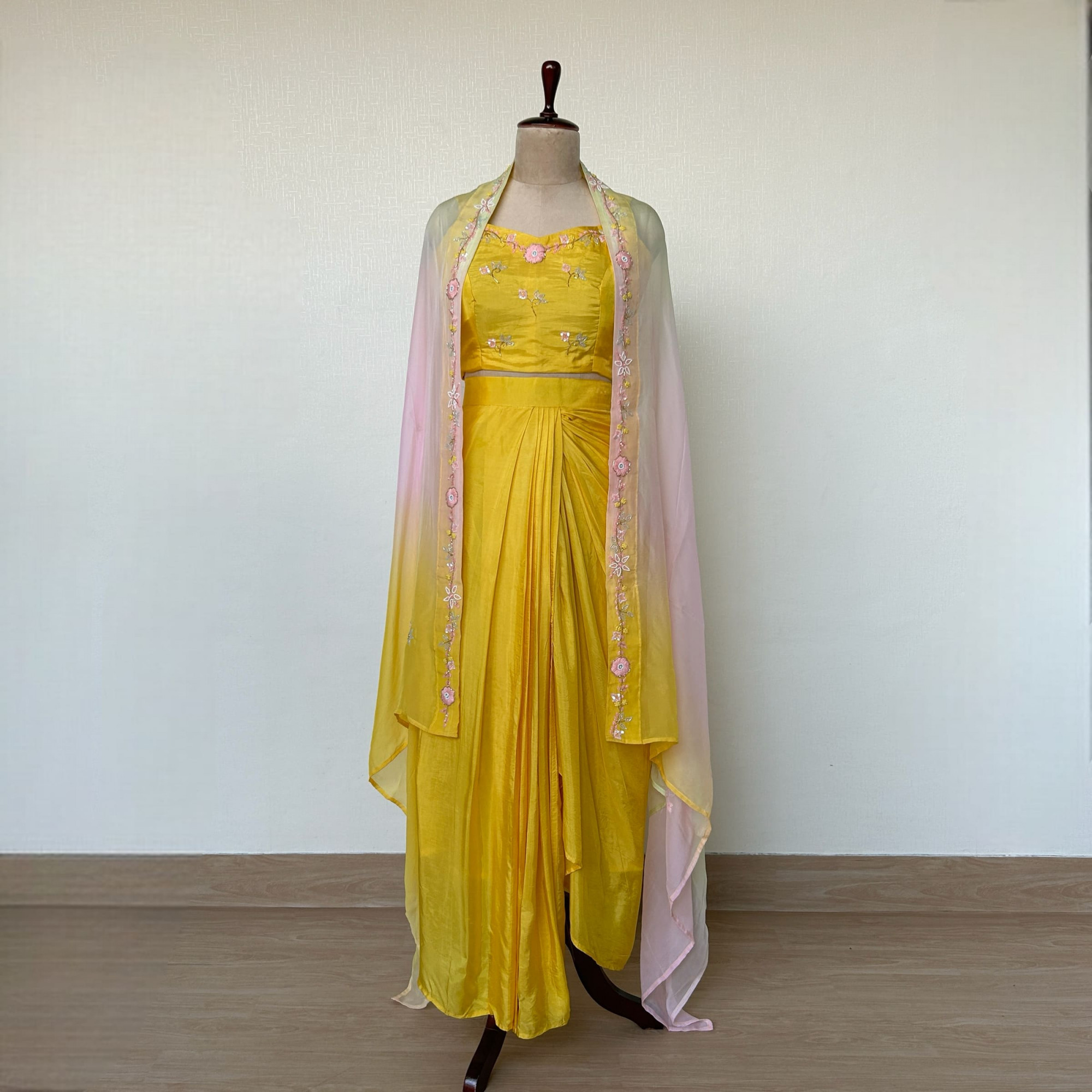 Draped Yellow Dhoti Skirt with Crop Top Jacket Indo-western Outfit