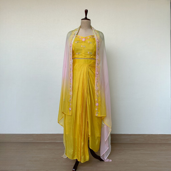 Draped Yellow Dhoti Skirt with Crop Top & Jacket Indo-western Outfit