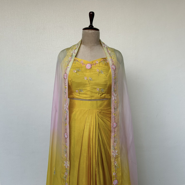 Draped Yellow Dhoti Skirt with Crop Top & Jacket Indo-western Outfit