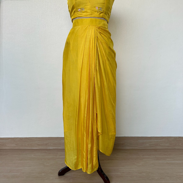 Draped Yellow Dhoti Skirt with Crop Top & Jacket Indo-western Outfit