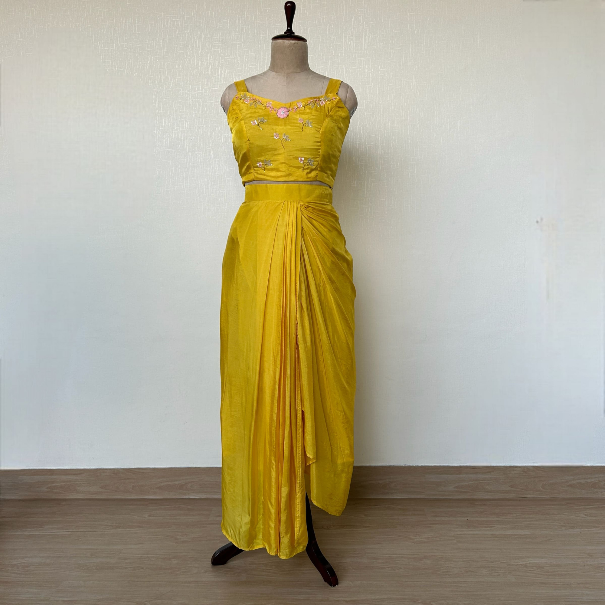 Draped Yellow Dhoti Skirt with Crop Top Jacket Indo-western Outfit