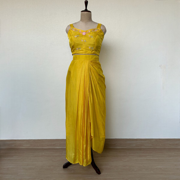 Draped Yellow Dhoti Skirt with Crop Top & Jacket Indo-western Outfit