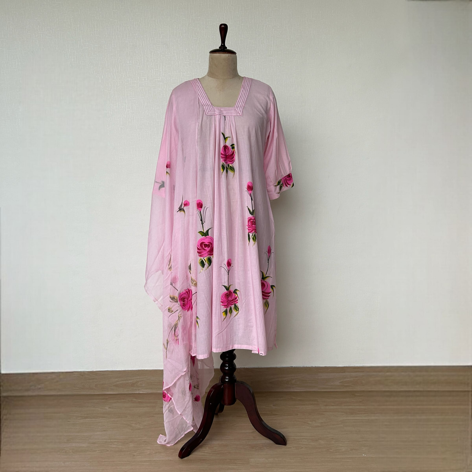 Light Pink Hand-Painted Stitched Cotton Suit Set
