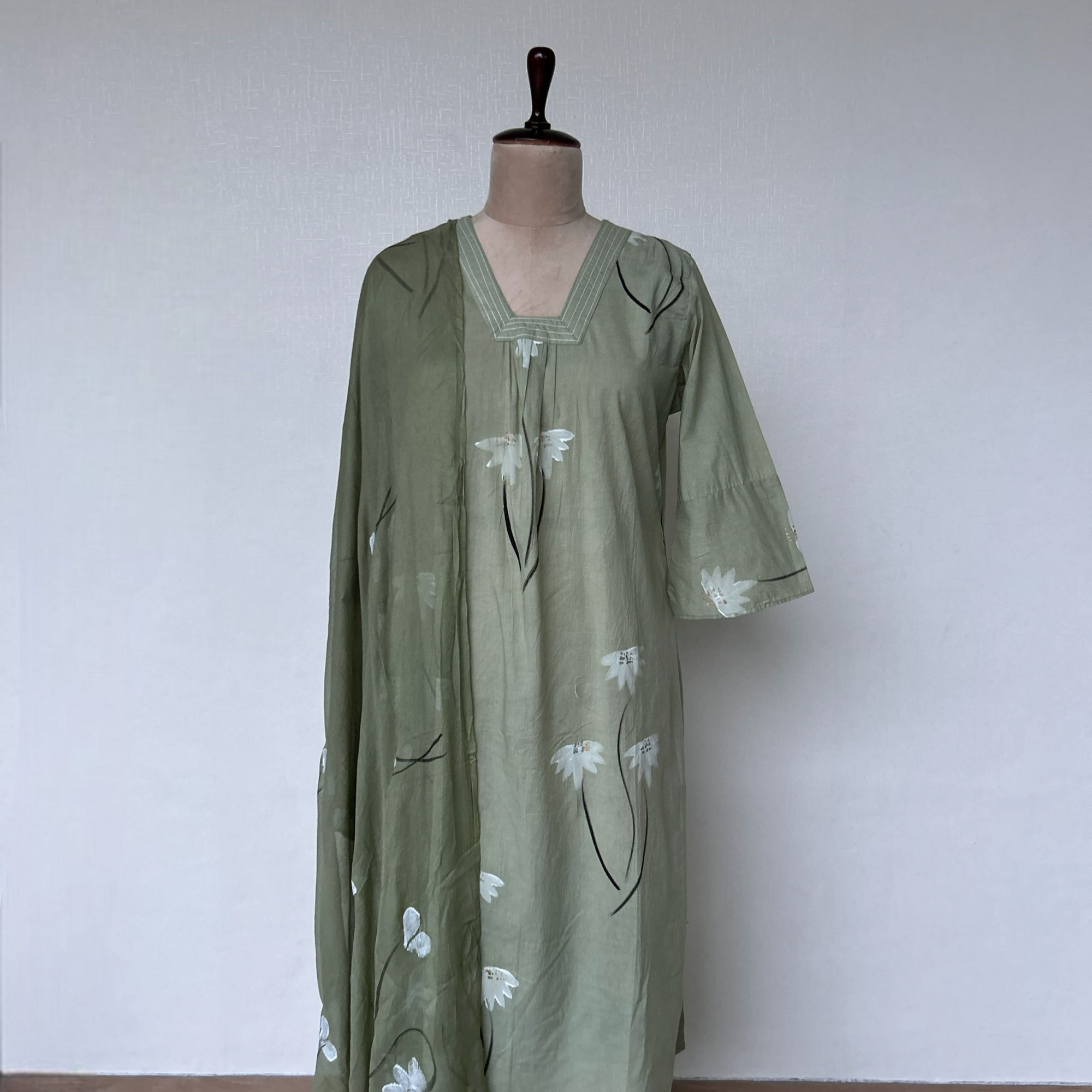 Subtle Green Hand-Painted Cotton Suit Set