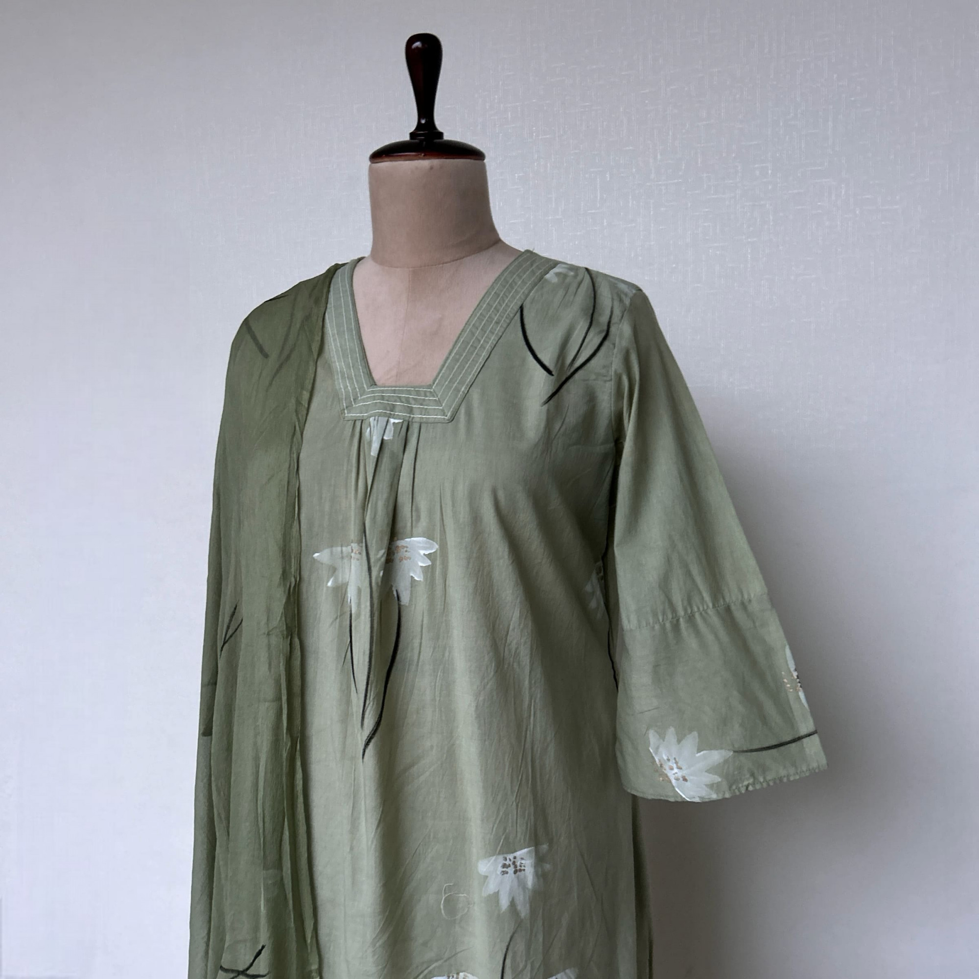 Subtle Green Hand-Painted Cotton Suit Set