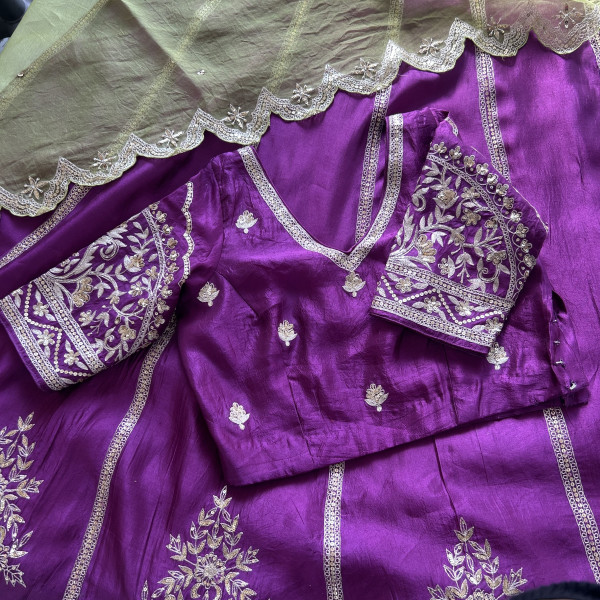 Purple Green Hand Embroidered Tussar Silk Lehenga