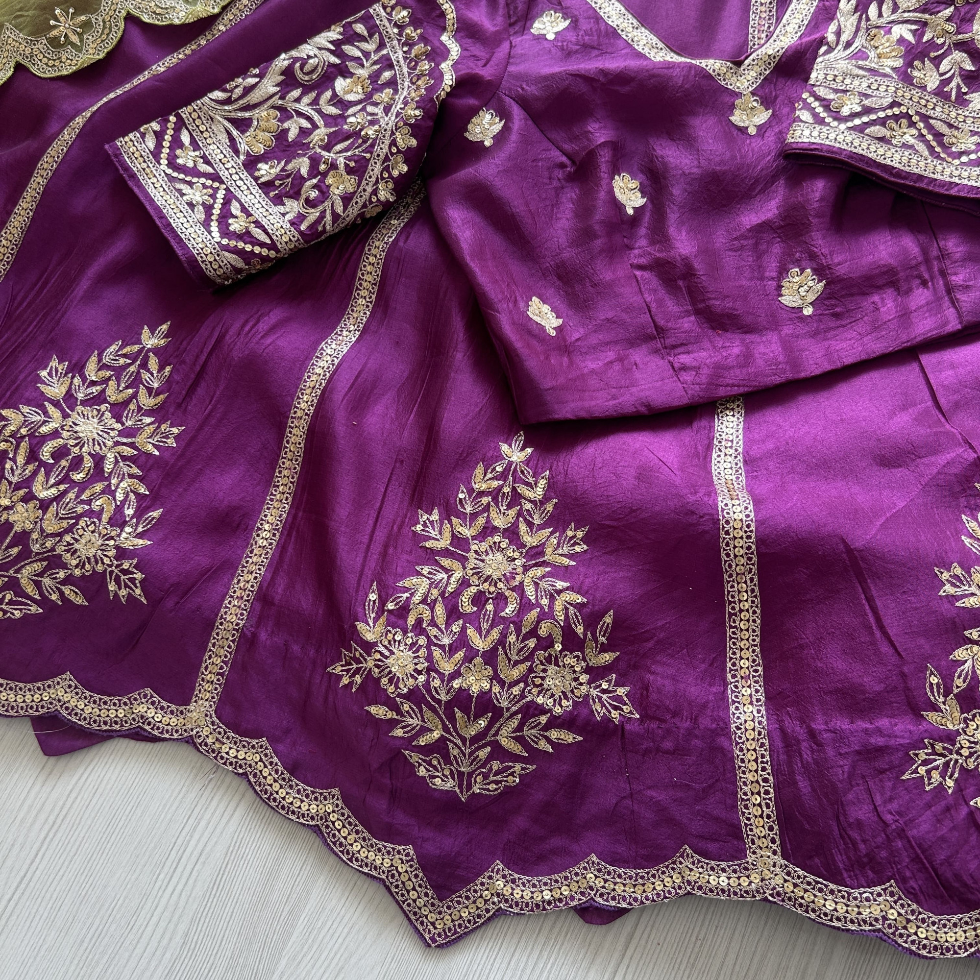Purple Green Hand Embroidered Tussar Silk Lehenga