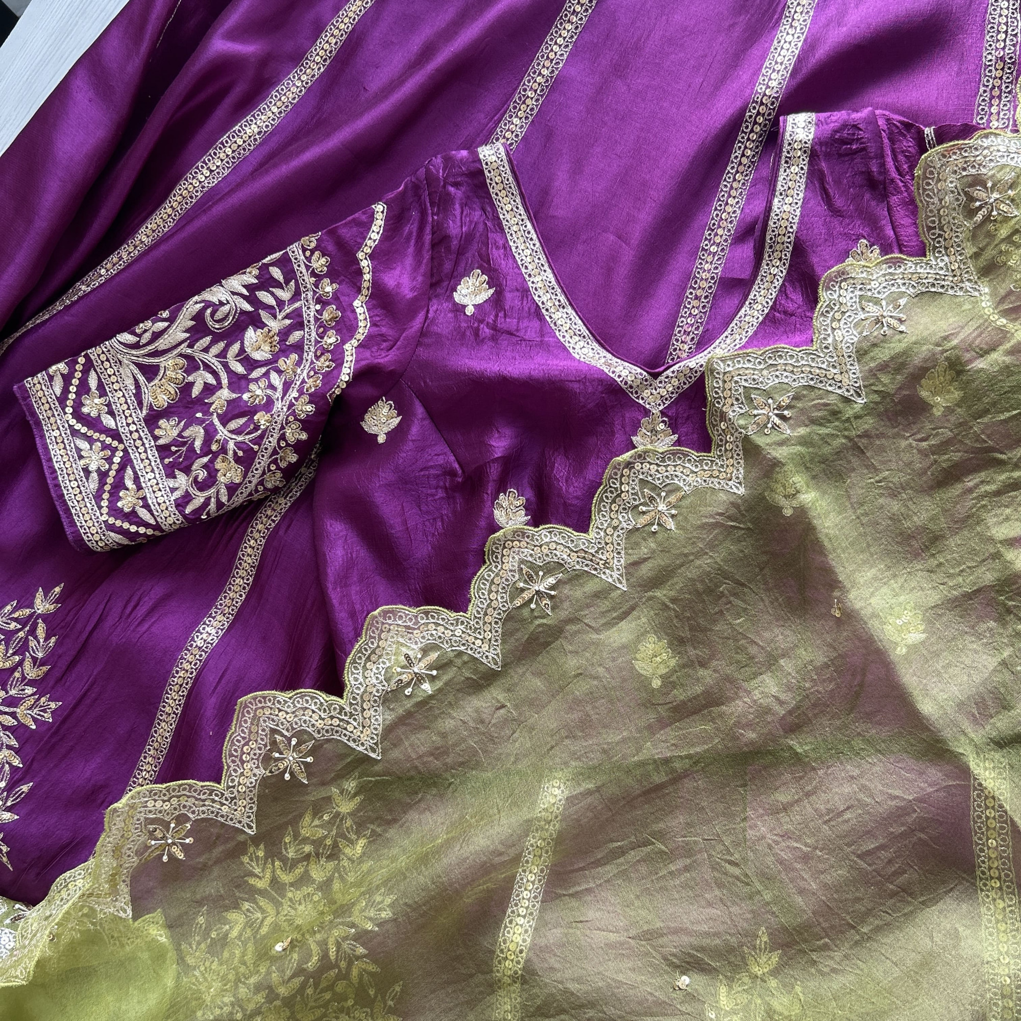 Purple Green Hand Embroidered Tussar Silk Lehenga