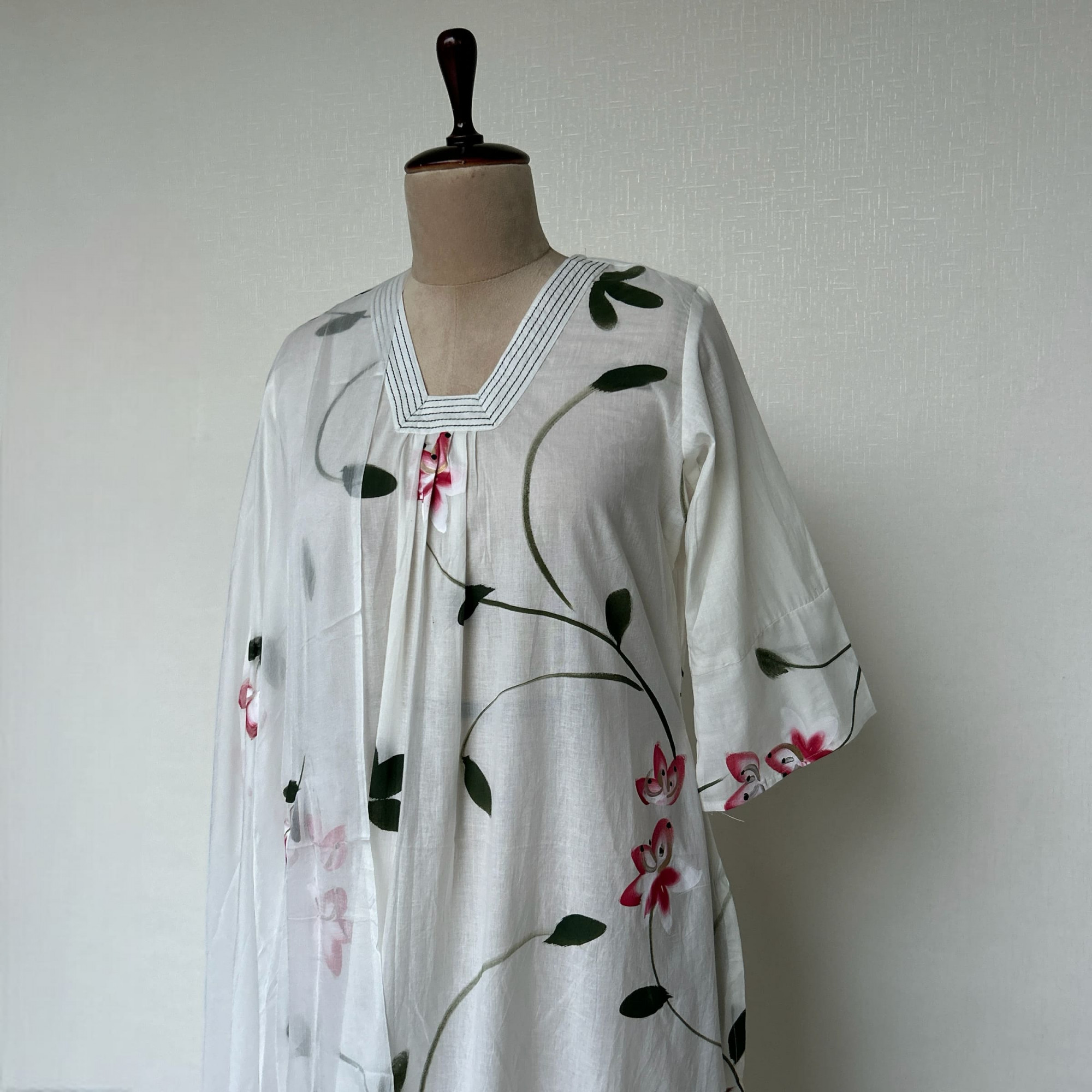 White-Cherry Hand-Painted Cotton Suit Set