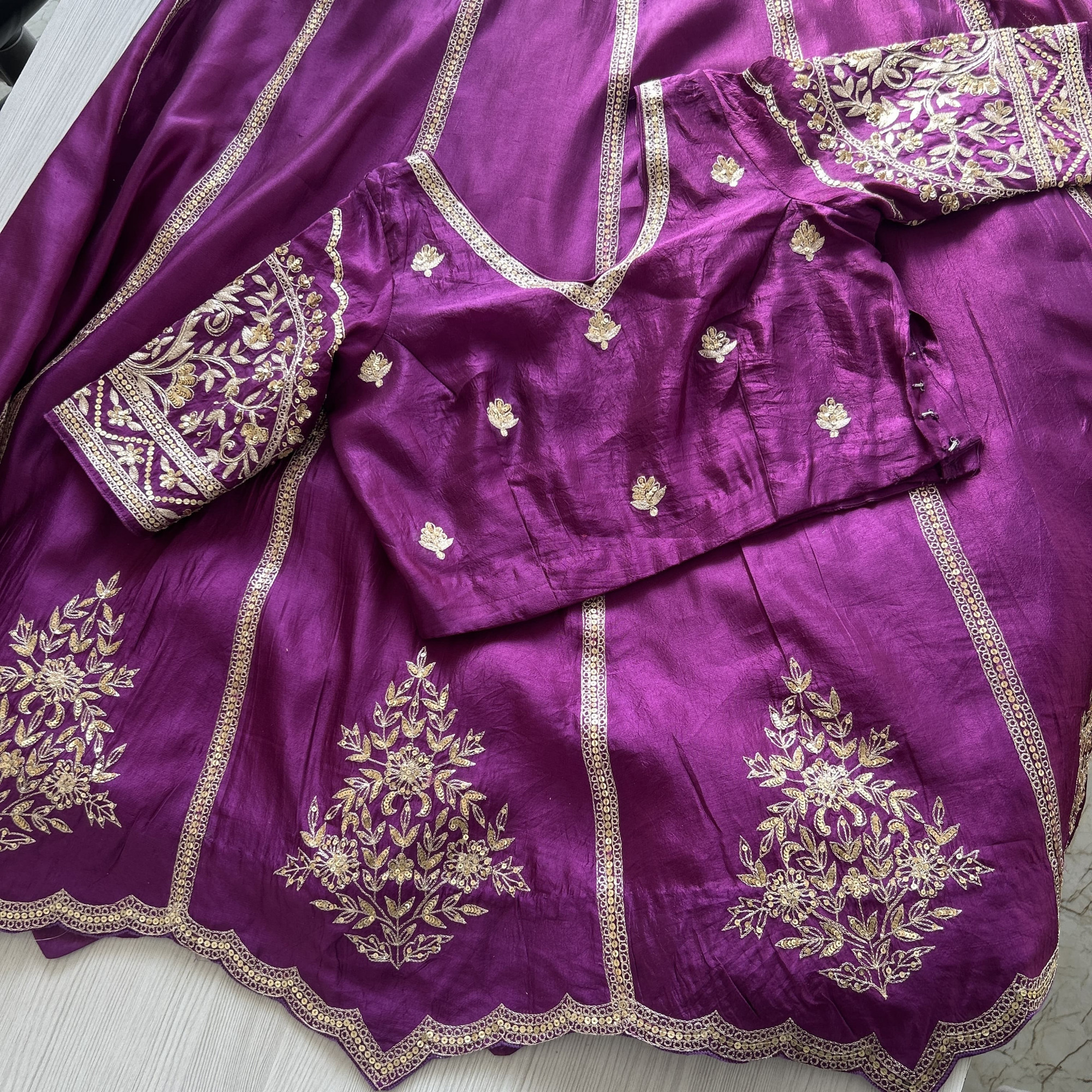 Purple Green Hand Embroidered Tussar Silk Lehenga