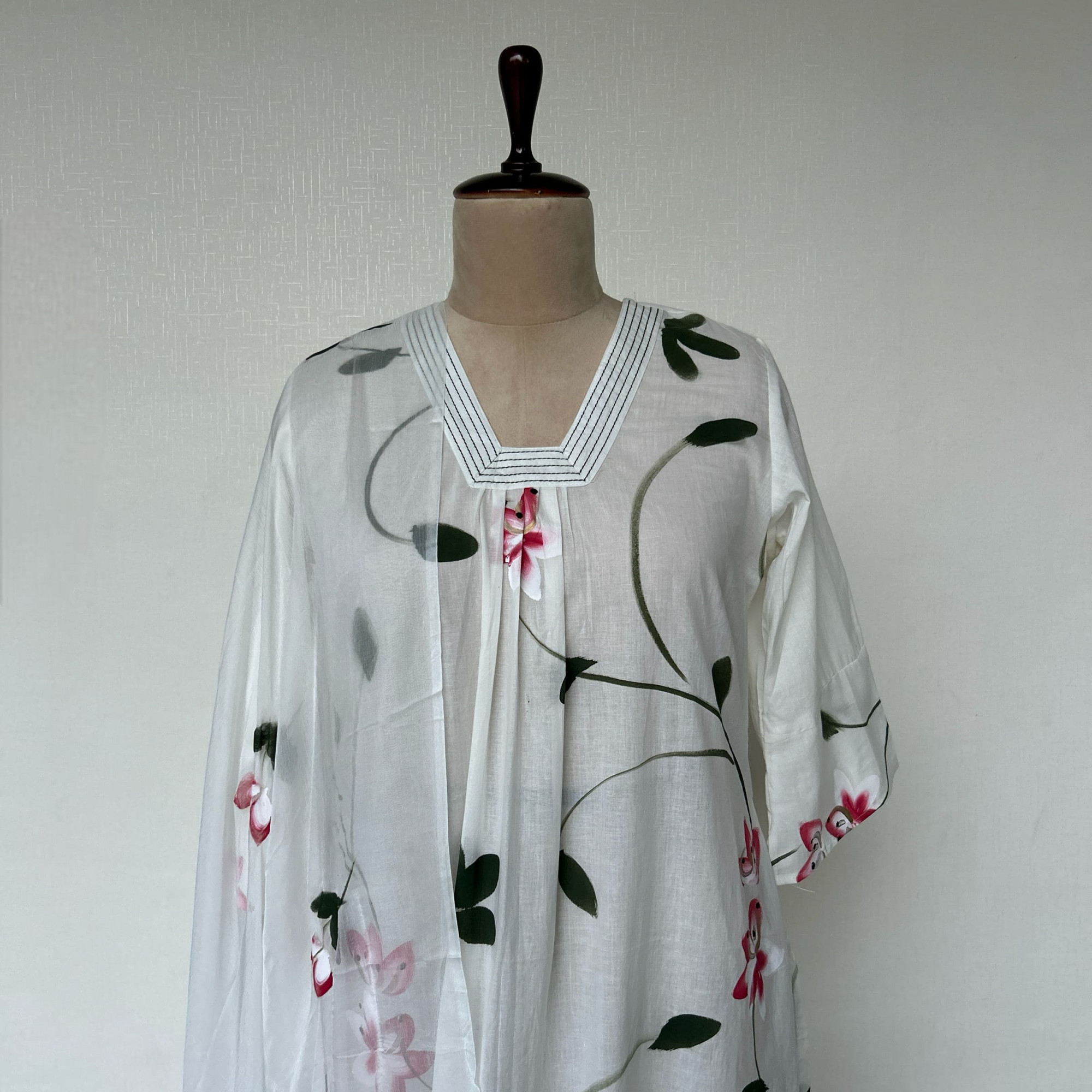 White-Cherry Hand-Painted Cotton Suit Set