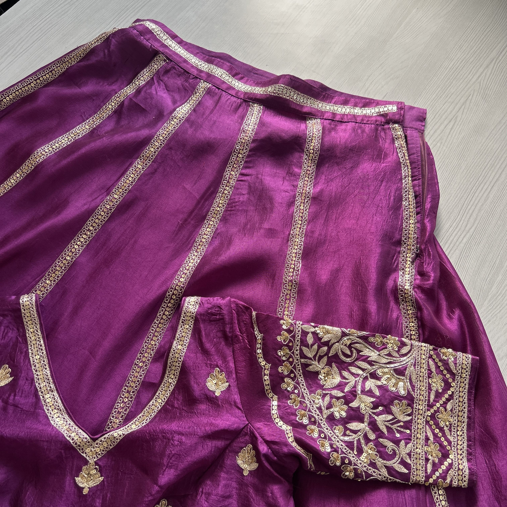 Purple Green Hand Embroidered Tussar Silk Lehenga