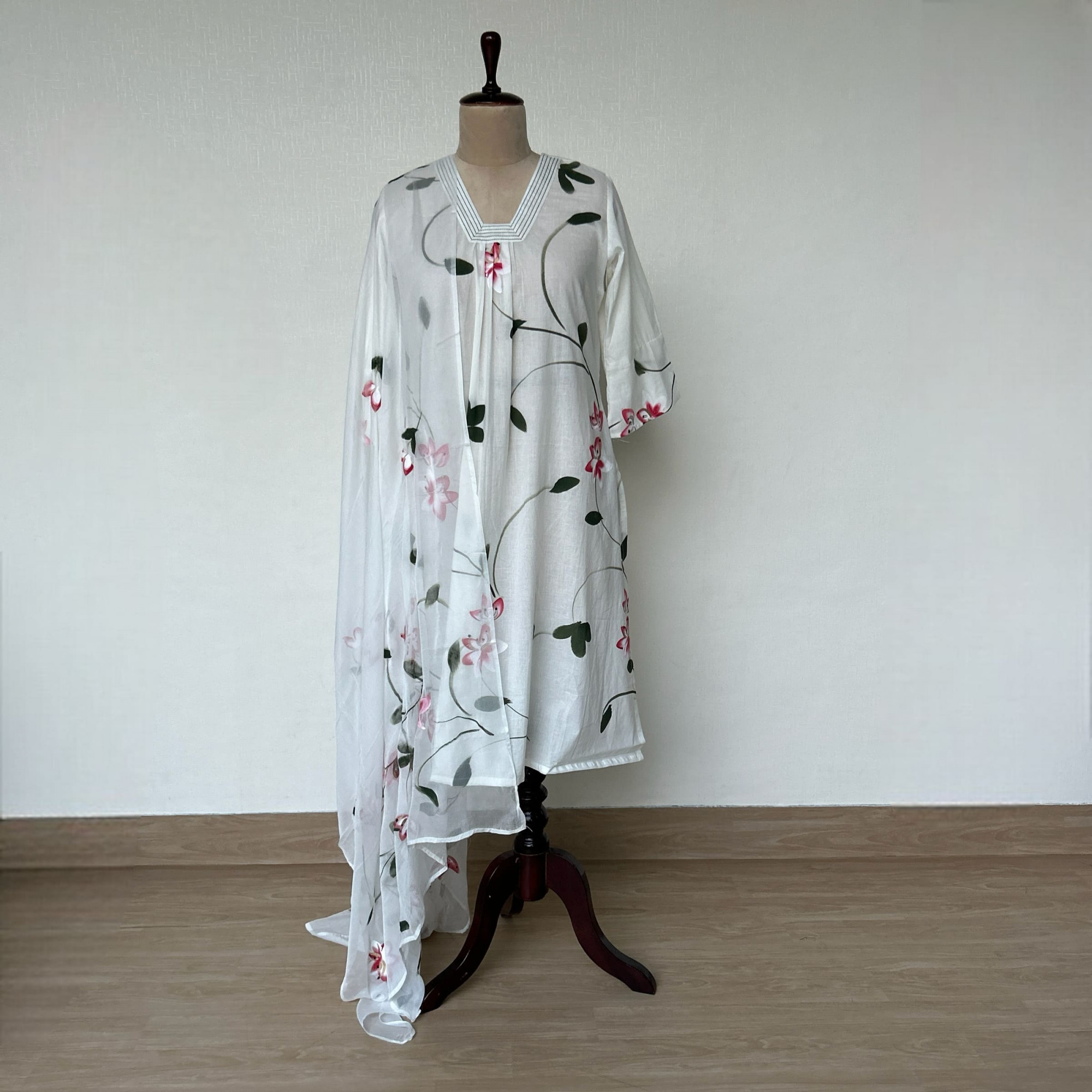 White-Cherry Hand-Painted Cotton Suit Set