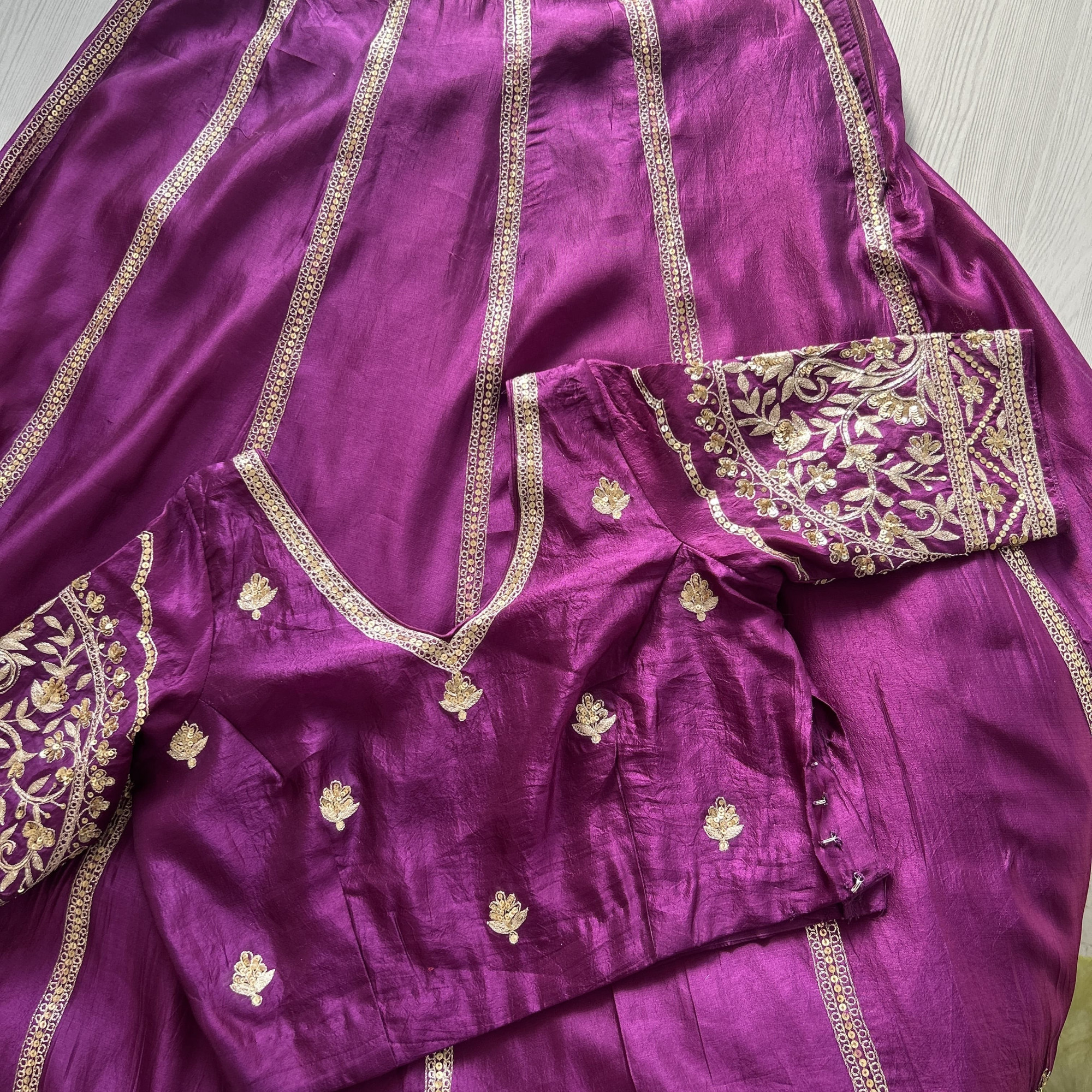Purple Green Hand Embroidered Tussar Silk Lehenga