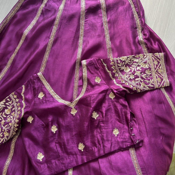 Purple Green Hand Embroidered Tussar Silk Lehenga