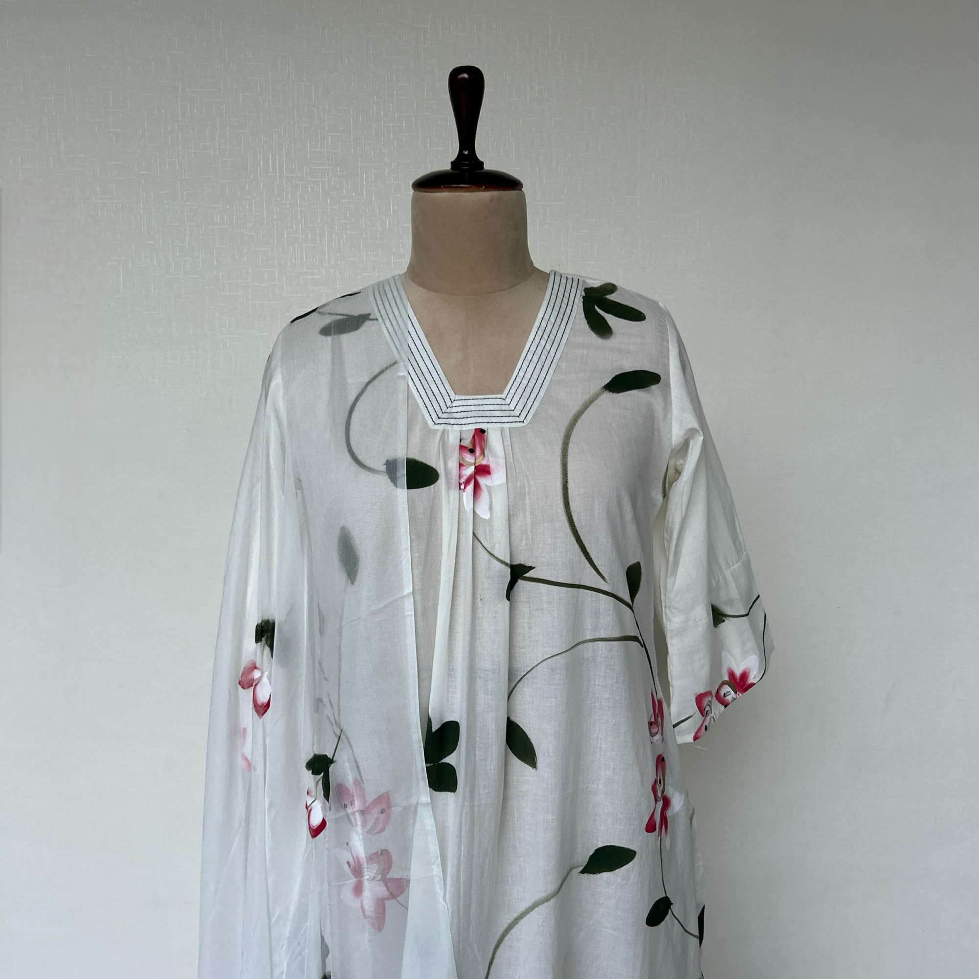 White-Cherry Hand-Painted Cotton Suit Set