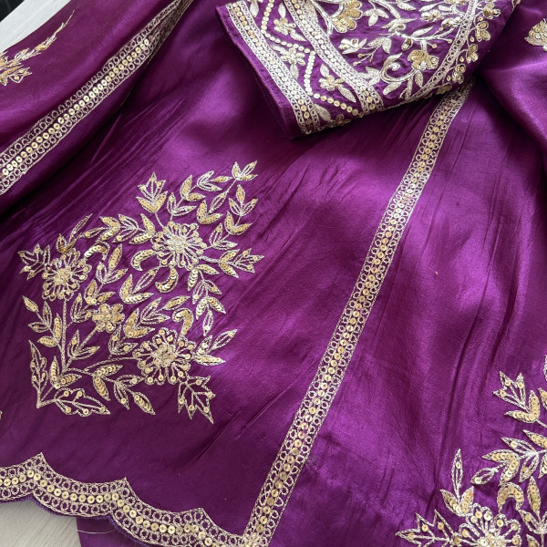 Purple Green Hand Embroidered Tussar Silk Lehenga