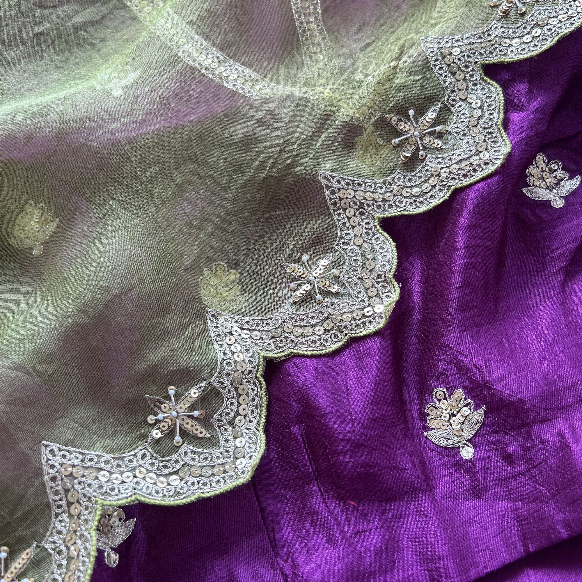 Purple Green Hand Embroidered Tussar Silk Lehenga