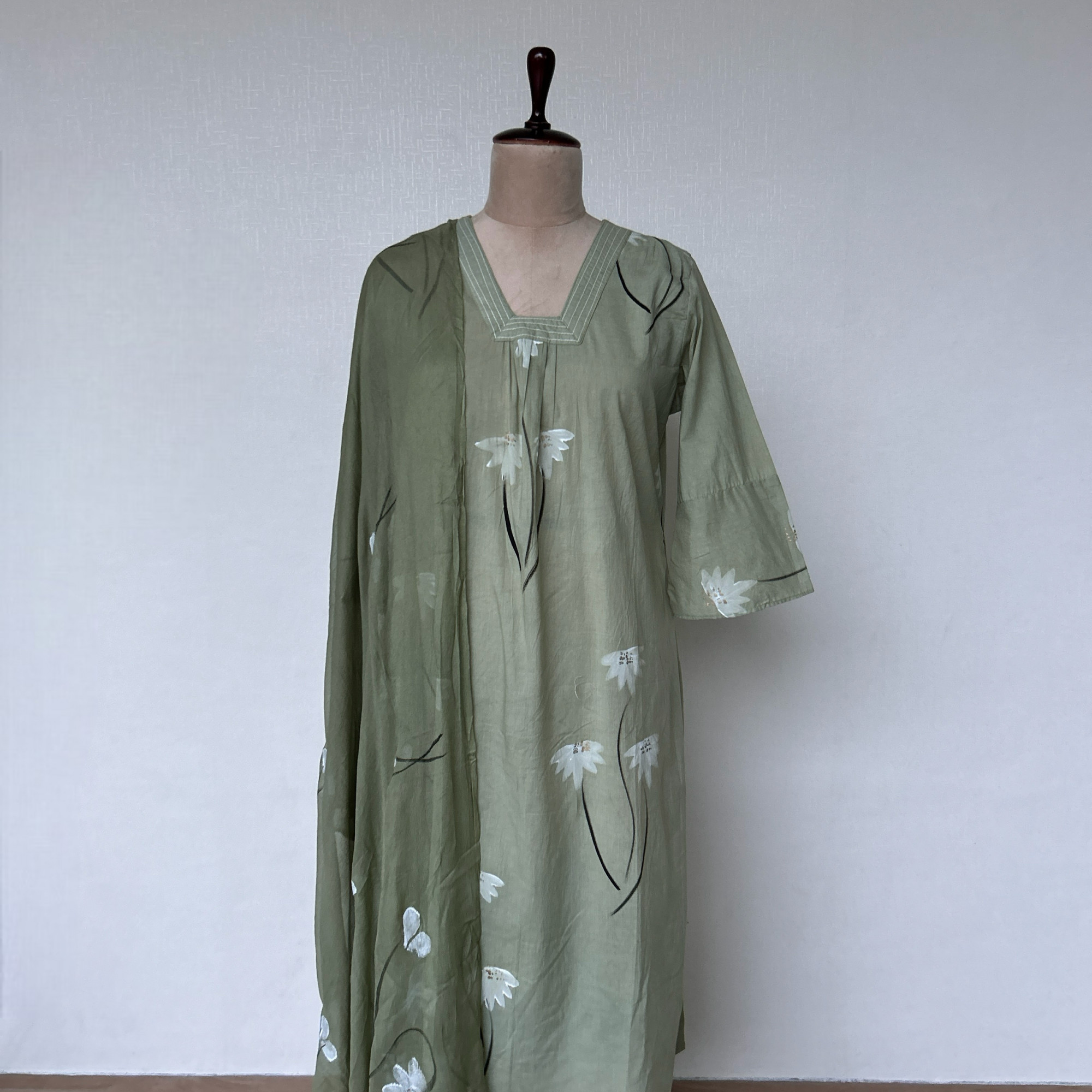 Subtle Green Hand-Painted Cotton Suit Set